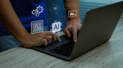 Person working on laptop with AI interface icons, representing artificial intelligence, machine learning, automation, data processing, and modern technology for business solutions