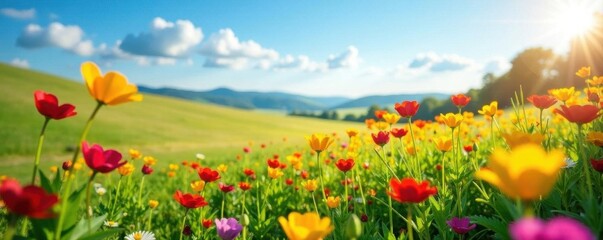 Fototapeta premium Vibrant wildflowers carpet sun-drenched field, photo, texture