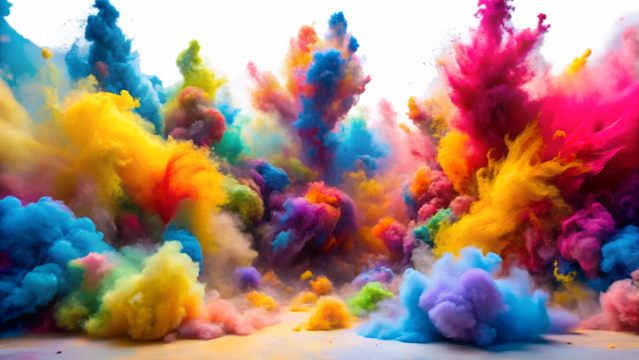 Explosion of vibrant, colorful powder clouds in a dynamic and energetic display, creating an abstract and festive atmosphere isolated on transparent background