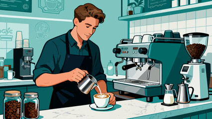 The barista is making coffee. Cartoon hand-drawn vector illustration