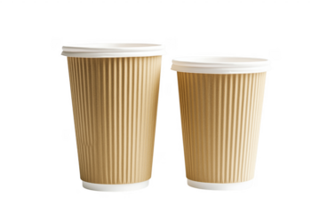 Two brown corrugated paper coffee cups with white lids isolated on transparent background