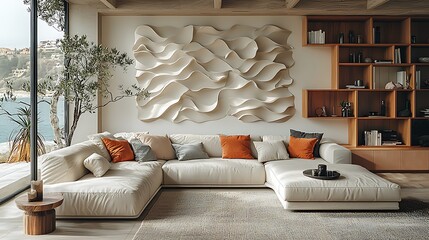 Cozy living room design with 3D flower backdrop high resolution image