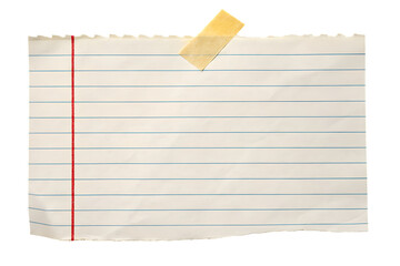 Lined paper note with red margin and tape isolated on transparent background