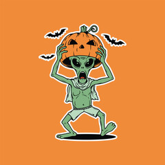 Alien Halloween Pumpkin Head Vector Illustration