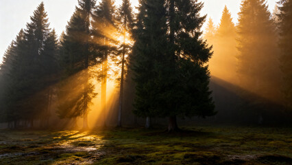 Sunlight streaming through forest trees