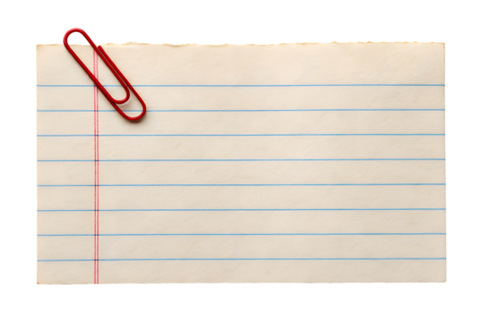 A lined paper note with a red paperclip isolated on a transparent background