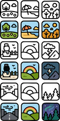 Vector Icon Set of Nature Landscapes and Weather.