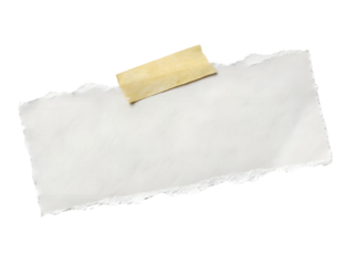 Torn white paper note with tape isolated on transparent background