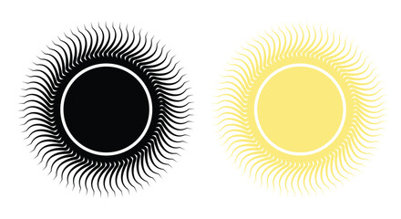 Suns, two suns, one black and one yellow, , radiating light and warmth in a simple design