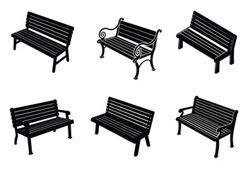 Black Silhouette Wooden Park Bench Vector Set