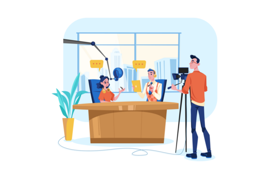 Podcast Studio Scene with Presenters Camera and Cityscape Background in Light Blue and Yellow Color Palette Vector Illustration