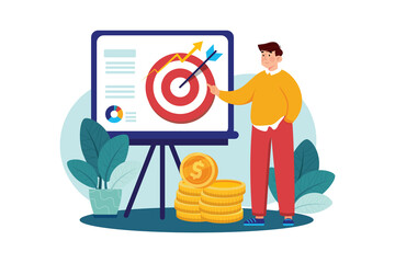 Presentation with Target on Easel and Person Explaining Business Goal with Stack of Coins Isolated on Transparent Background