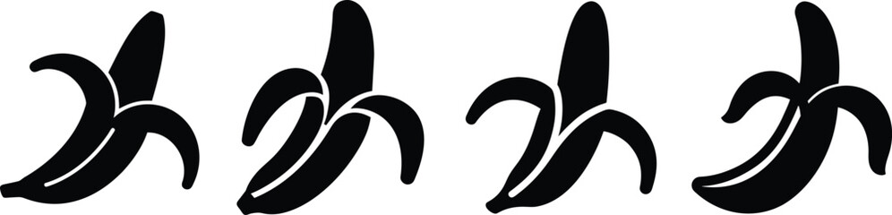 Set of four peeled banana silhouettes simple black icons graphic elements fruit vector