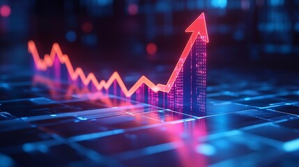 Dynamic financial chart showcasing upward trend and growth in vibrant neon digital data visualization