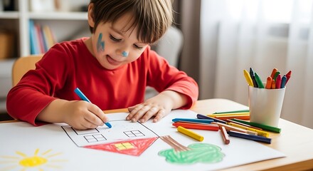 Imaginative young boy drawing his dream house with vibrant crayons