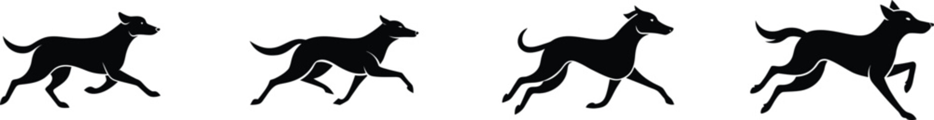 Collection of four black dog silhouettes capturing dynamic running motion sequences vector