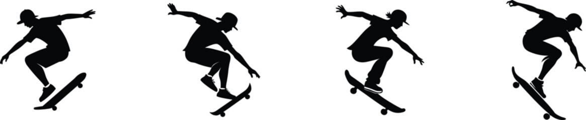 Dynamic silhouette skateboarder mid-air jump action sports and recreation performance vector