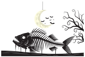 Halloween Vector art of spooky fish skeleton with bats and crescent moon on a dark, eerie night