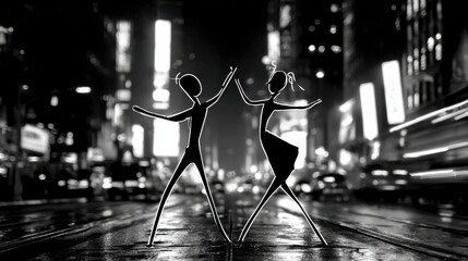 A striking black and white line art photograph, minimalist and expressive. The scene is set on a rain-slicked, brightly lit boulevard of a sprawling metropolis at night.