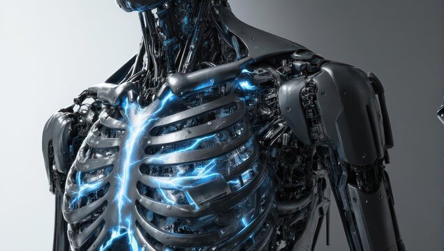 Futuristic Robotic Skeleton with Glowing Blue Energy Core.