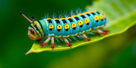Colorful caterpillar crawling on leaf, green background, nature macro