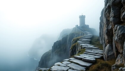 A stony path ascending a steep, rocky cliff toward a distant, ethereal tower shrouded in soft, mystical fog