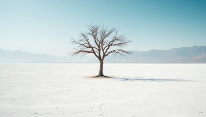 Fototapeta premium Solitary Deciduous Tree Stands on a Vast White Expanse, Mountain Range Visible in the Distance Under a Clear Blue Sky