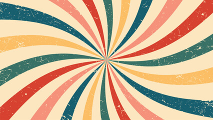 Vintage colorful radial pattern with a swirling effect, ideal for background designs, textiles, posters, and retrothemed projects. Vibrant and dynamic.