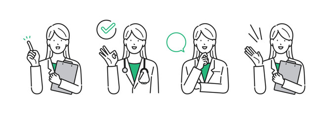 イラスト素材【介護イメージ】：様々なポーズをとる医師の女性・シンプルタッチ
