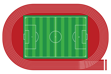 Vector art of top view of a soccer field with a running track around it
