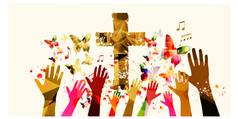 Colorful christian cross with human hands isolated vector illustration. Religion themed background. Design for Christianity, church charity, help and support, prayer and care
