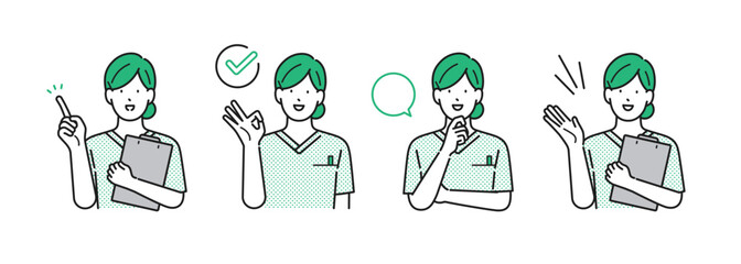 イラスト素材【介護イメージ】：様々なポーズをとる看護師の女性・シンプルタッチ
