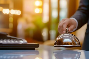 Professional hotel concierge rings service bell for immediate customer assistance in warm, inviting lobby setting
