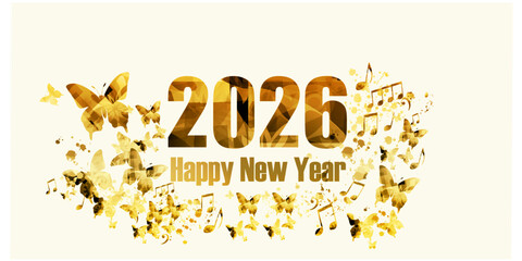Happy 2026 New Year vector illustration. Happy New Year banner with musical notes for seasonal holiday greeting cards, flyers and party invitations	