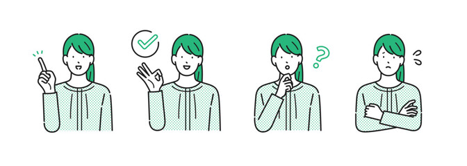 イラスト素材【介護イメージ】：様々な表情やポーズをとる若い女性・シンプルタッチ