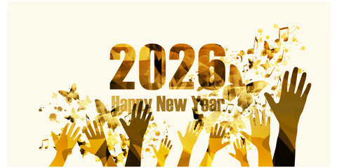 Happy 2026 New Year vector illustration. Happy New Year banner with musical notes for seasonal holiday greeting cards, flyers and party invitations	