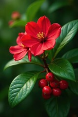 Bold red flowers burst forth, lush green leaves, glistening red berries A vibrant display , Christmas, decoration