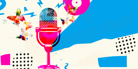 Retro microphone on red and yellow background. Podcasting and creativity in music concept