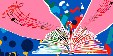 Book to read or book review concept. Open book vector on colorful background. Library online design