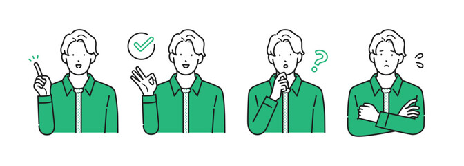 イラスト素材：様々な表情やポーズをとる若い男性・シンプルタッチ