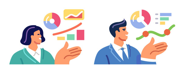 Business presentation. Financial data analysis, strategic planning. Analyzing charts and monitoring market trends