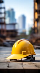 Vibrant yellow hard hat rests on weathered wood planks at a bustling construction site