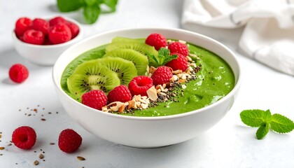 Fototapeta premium Green Smoothie Bowl with Kiwi, Raspberries, and Seeds.