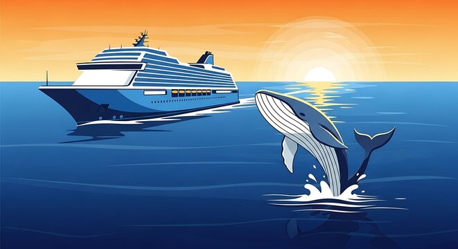 Cruise Ship and Whale Encounter at Sea During Sunset.