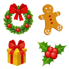 Christmas and New Year icons set: wreath, gingerbread man, gift, mistletoe