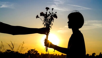 Silhouette of a person giving flowers to someone in need