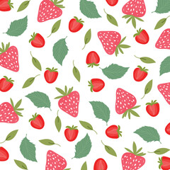 Berries seamless pattern with strawberry and flowers in flat design. Simple vector illustration.
