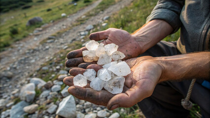 Dusty rough hands offering raw crystals under sunlight, natural gemstone discovery outdoors, symbol of earth and healing energy.&rdquo;