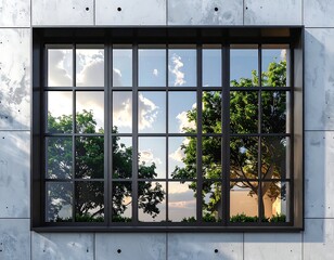 Naklejka premium Modern window with a view of trees and sky