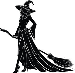 Halloween witch silhouette vector illustration with broomstick, pointed hat, flowing gown, spooky magical character design, gothic fantasy artwork, seasonal decoration